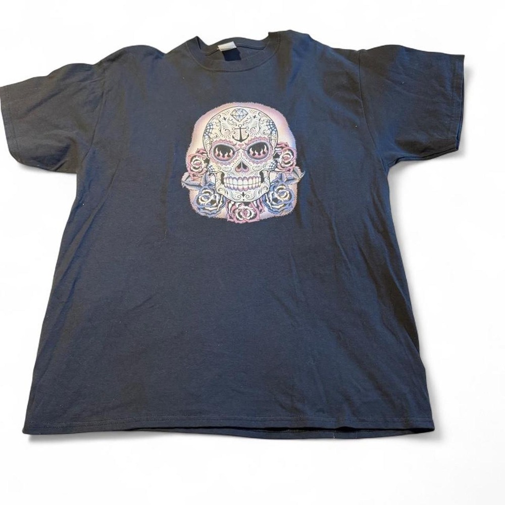 Sugar Skull Rose Graphic Tee Men's XL Dark Navy Tattoo Goth